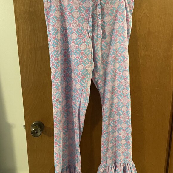 Mud Pie Pajama Bottom Lounge Pants with Ruffle Drawstring Size Medium Pink Blue - Picture 2 of 7